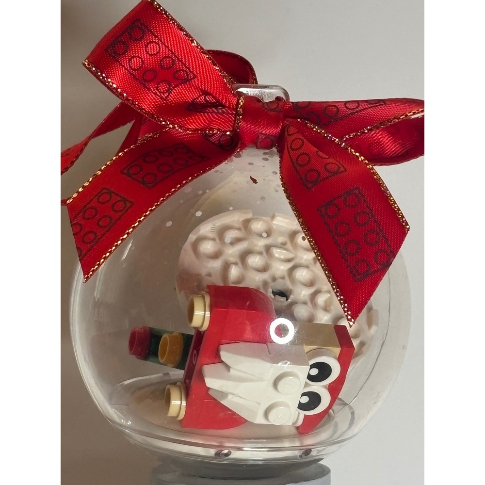LEGO Christmas Bauble Ornament Red Ribbon Holiday Tree Brick Scene Clear Sphere